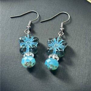 Handcrafted Czech Glass Flower Dangle Earrings with Clear Quartz